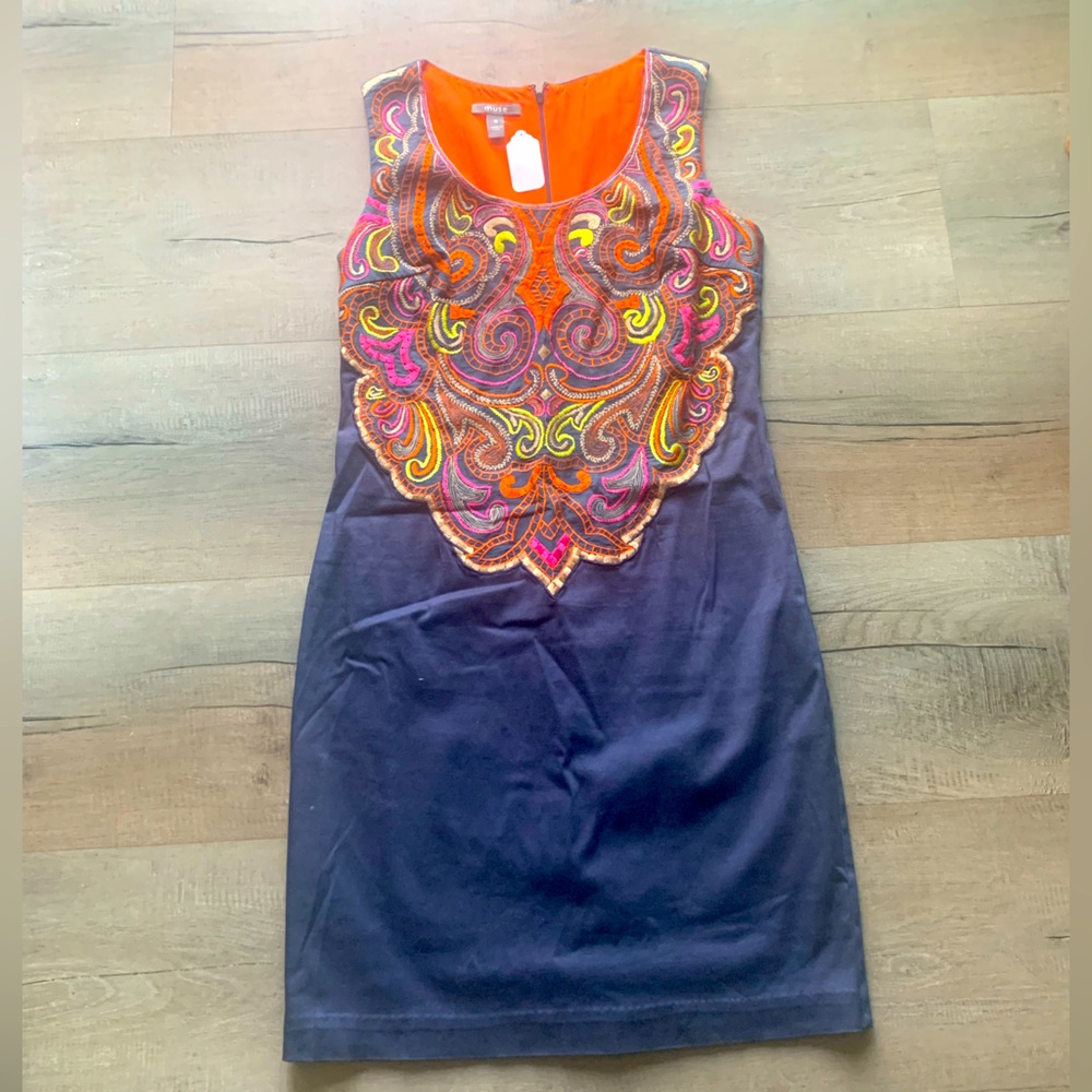 Size 6 Embroidered, Navy dress by Muse.